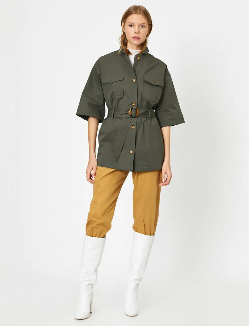 16508 Khaki Short Sleeve Belt Detail Jacket