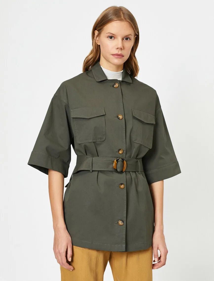 16508 Khaki Short Sleeve Belt Detail Jacket