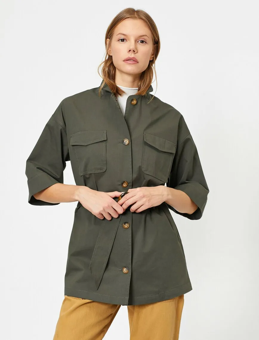 16508 Khaki Short Sleeve Belt Detail Jacket