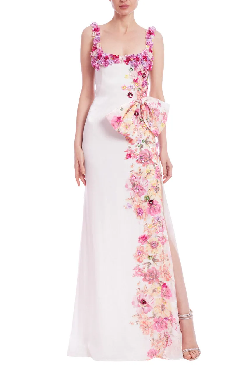 Badgley Mischka Placed Floral Embellishment Square Neck Open Side Slit Sleeveless Gown