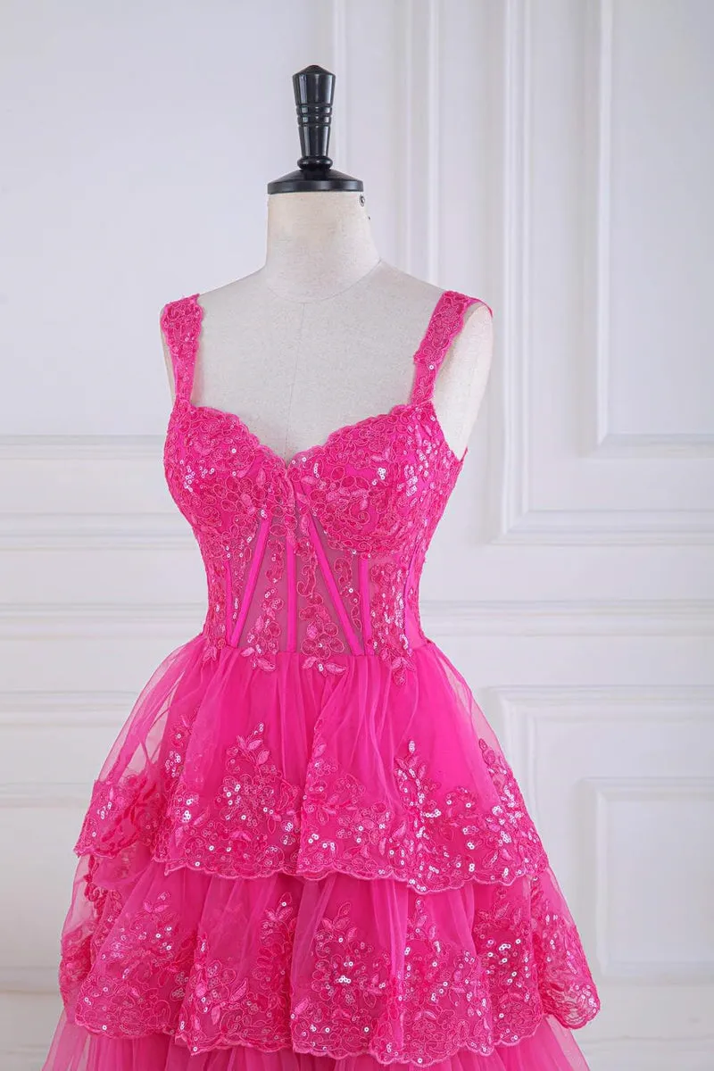 Ball Gown Corset Layered Fuchsia Prom Dresses Sweetheart Sequin