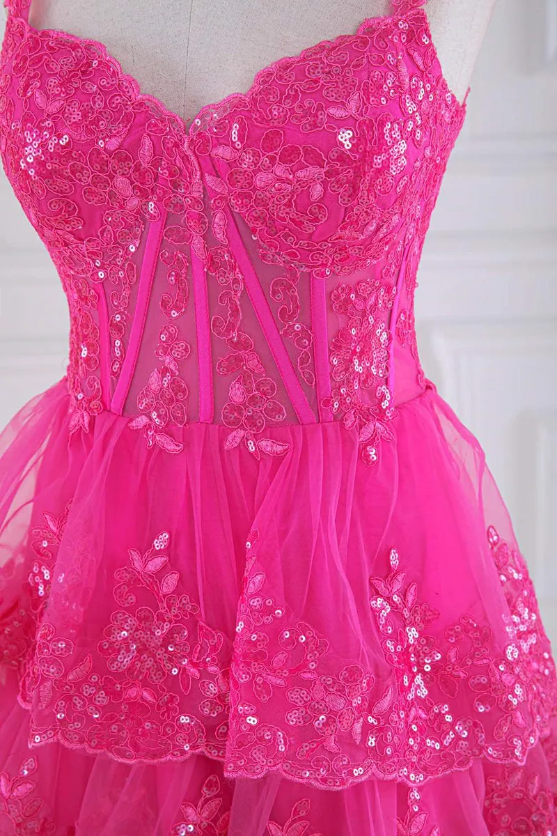 Ball Gown Corset Layered Fuchsia Prom Dresses Sweetheart Sequin