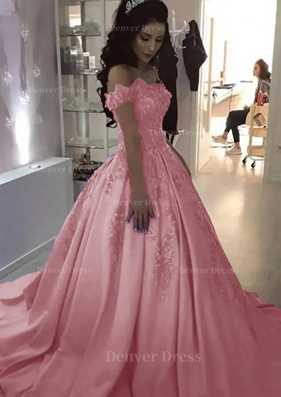 Ball Gown Off-the-Shoulder Sleeveless Sweep Train Satin Prom Dress With Appliqued Beading