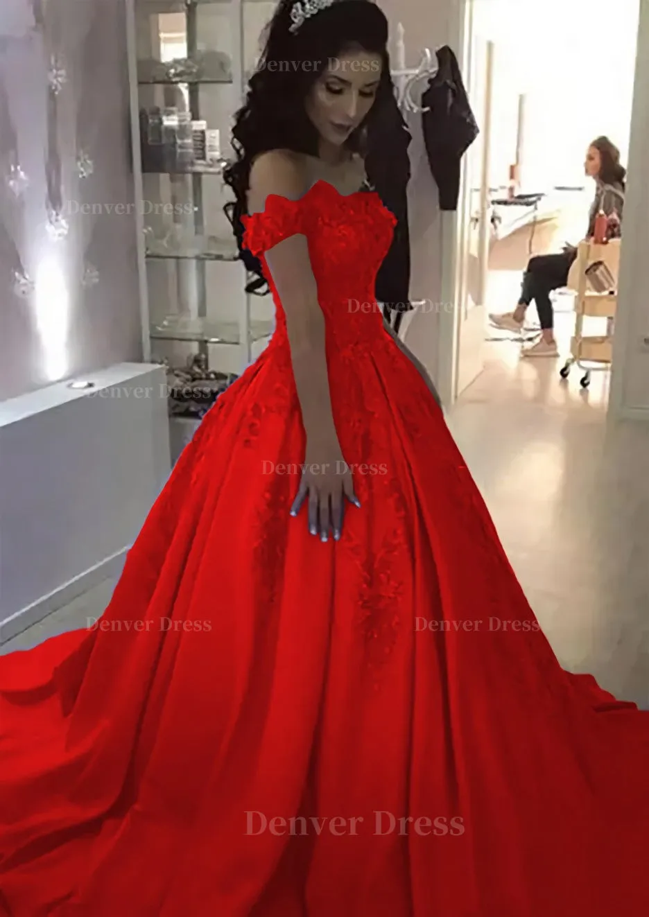 Ball Gown Off-the-Shoulder Sleeveless Sweep Train Satin Prom Dress With Appliqued Beading