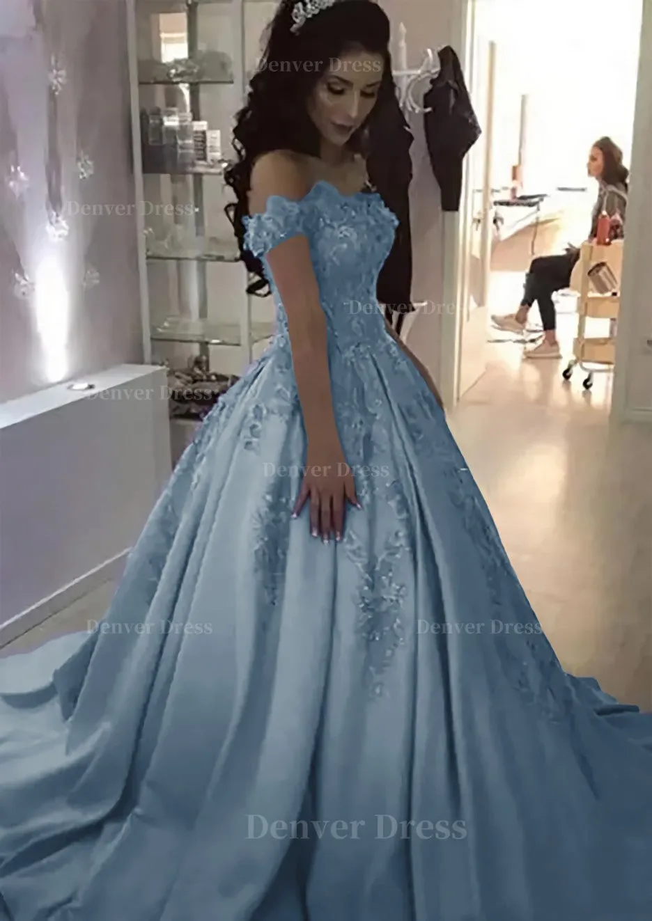 Ball Gown Off-the-Shoulder Sleeveless Sweep Train Satin Prom Dress With Appliqued Beading