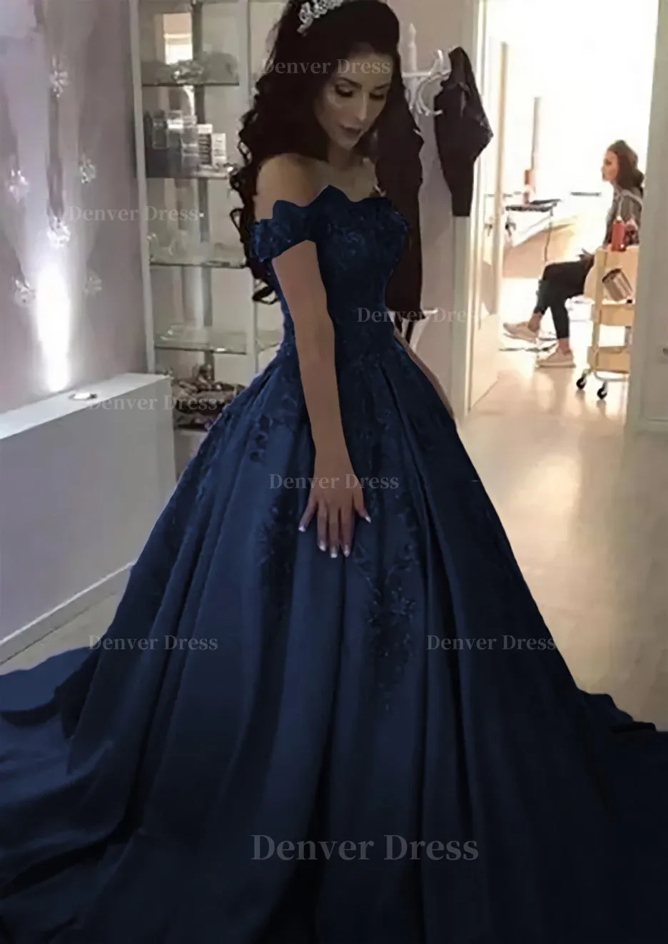 Ball Gown Off-the-Shoulder Sleeveless Sweep Train Satin Prom Dress With Appliqued Beading