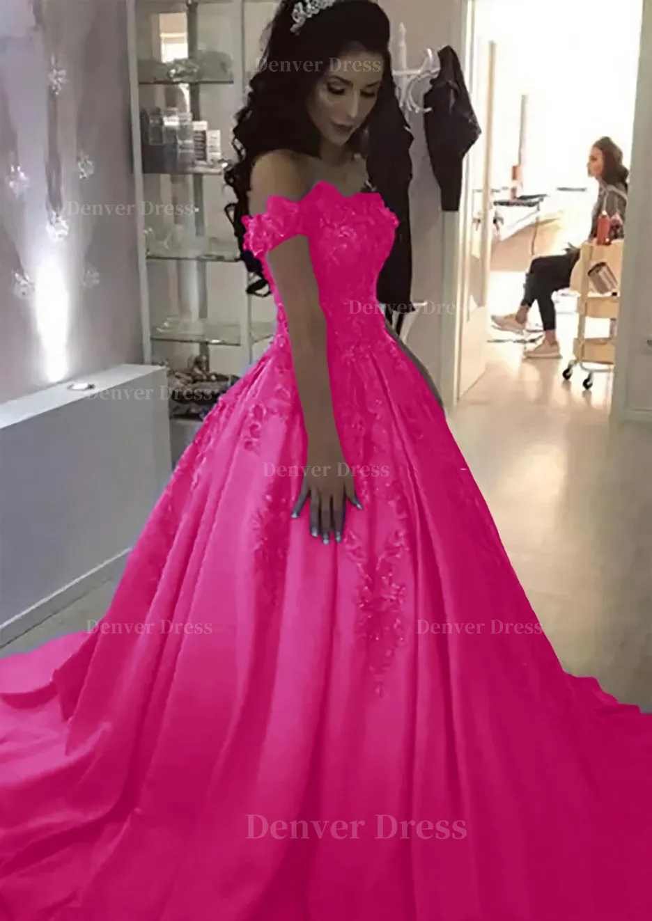 Ball Gown Off-the-Shoulder Sleeveless Sweep Train Satin Prom Dress With Appliqued Beading