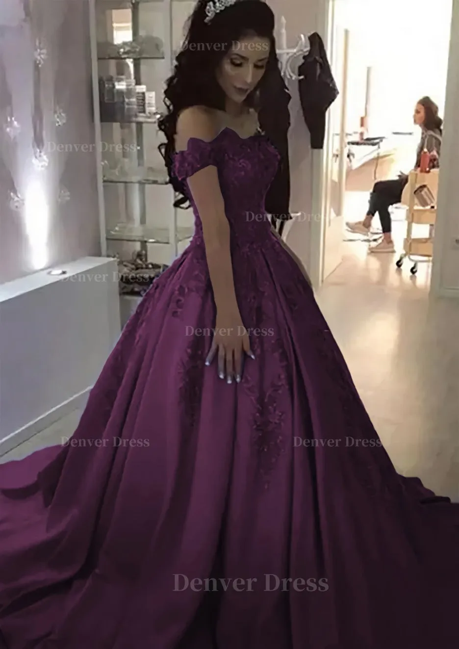 Ball Gown Off-the-Shoulder Sleeveless Sweep Train Satin Prom Dress With Appliqued Beading