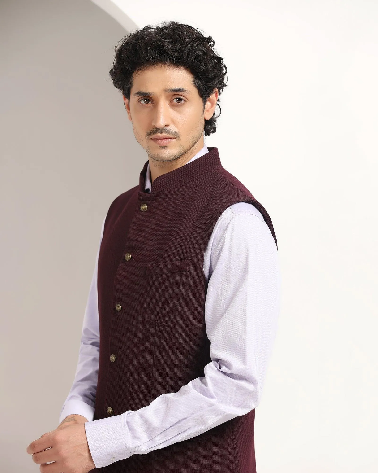 Bandhgala Formal Wine Textured Waistcoat - Echo