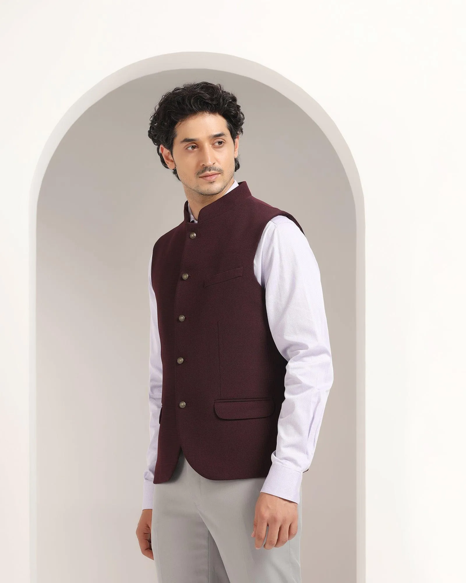 Bandhgala Formal Wine Textured Waistcoat - Echo