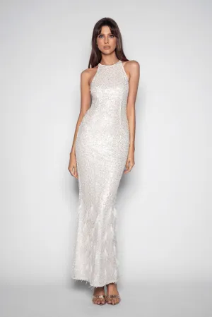 Beaded Sequin Feather Gown - White