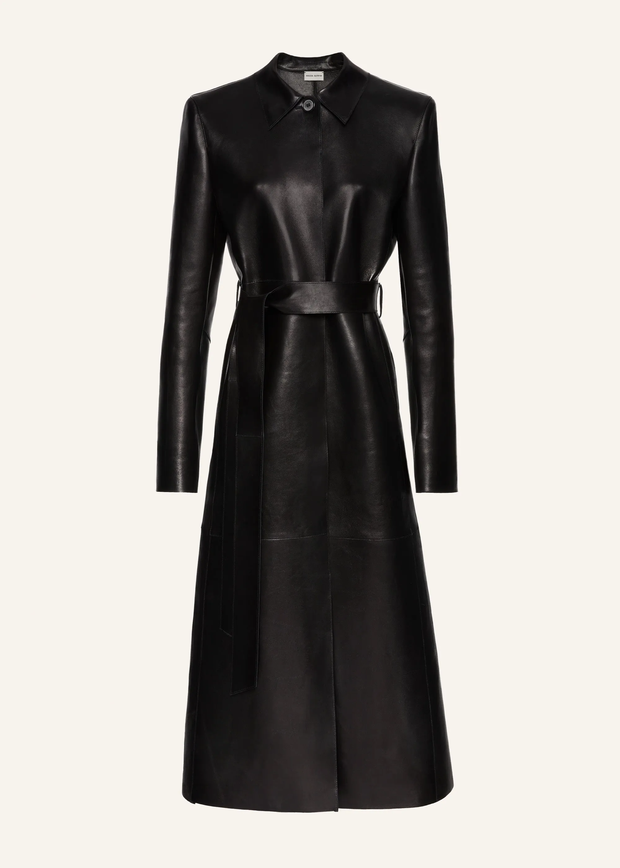 Belted leather coat in black