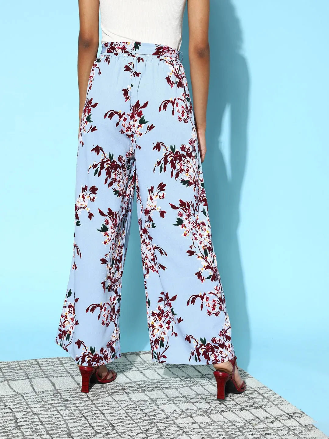 Berrylush Women Blue & Maroon Floral Printed Tie-Up High-Rise Waist Flared Parallel Trousers