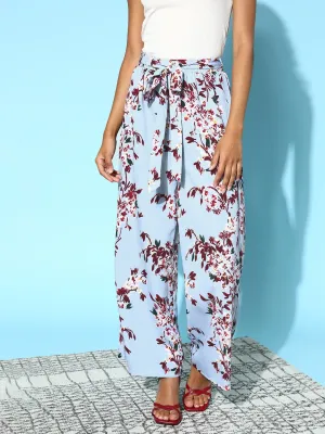 Berrylush Women Blue & Maroon Floral Printed Tie-Up High-Rise Waist Flared Parallel Trousers