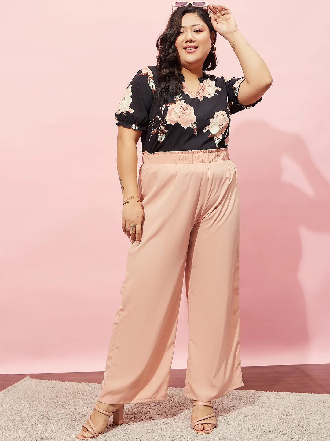 Berrylush Women Plus Size Solid Pink High-Rise Elastic Waist Slip-On Regular Trousers