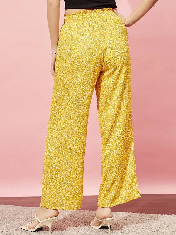 Berrylush Women Yellow & White Floral Printed High-Rise Waist Slip-On Smocked Regular Parallel Trousers