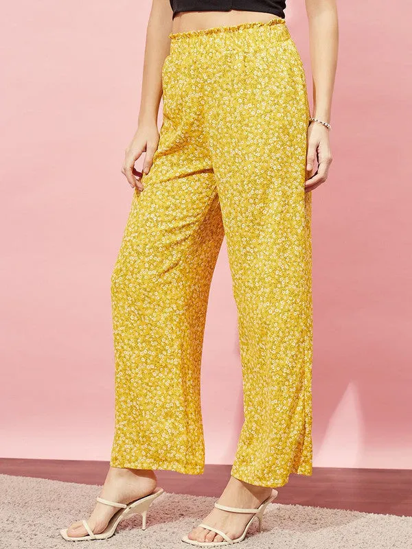 Berrylush Women Yellow & White Floral Printed High-Rise Waist Slip-On Smocked Regular Parallel Trousers