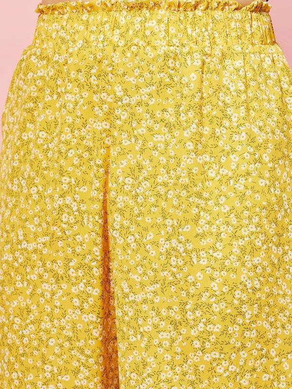 Berrylush Women Yellow & White Floral Printed High-Rise Waist Slip-On Smocked Regular Parallel Trousers