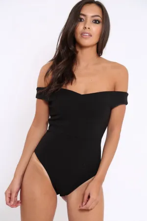 Black Bardot Bodysuit with V dip front - Hettie