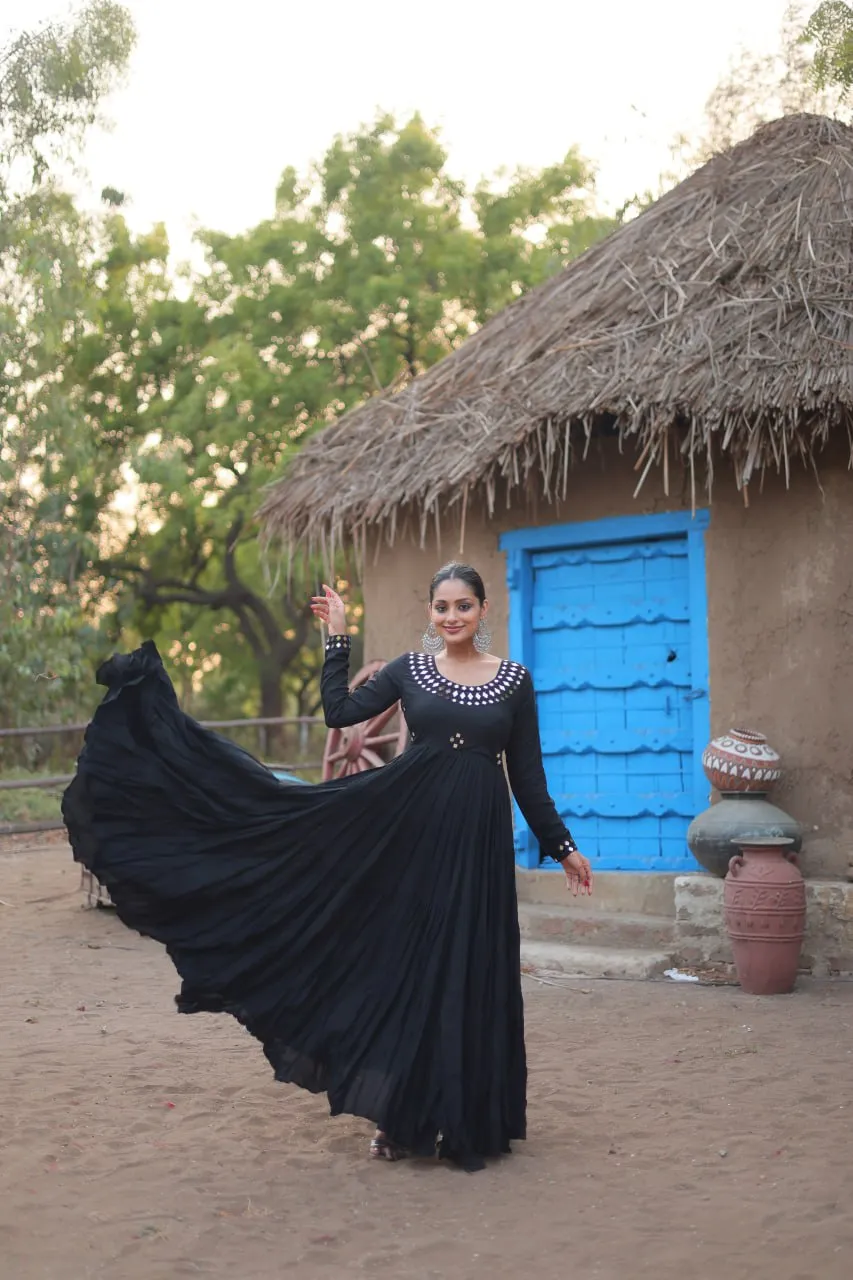 Black Stunning Gown in 14 Kg Rayon with Real Mirror Work