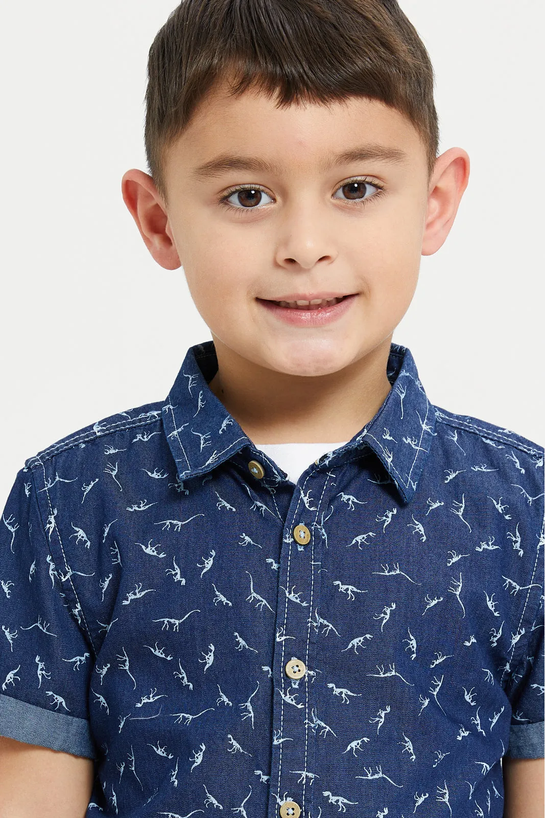 Boys Blue Printed Denim Shirt With T-Shirt Set (2 Piece)