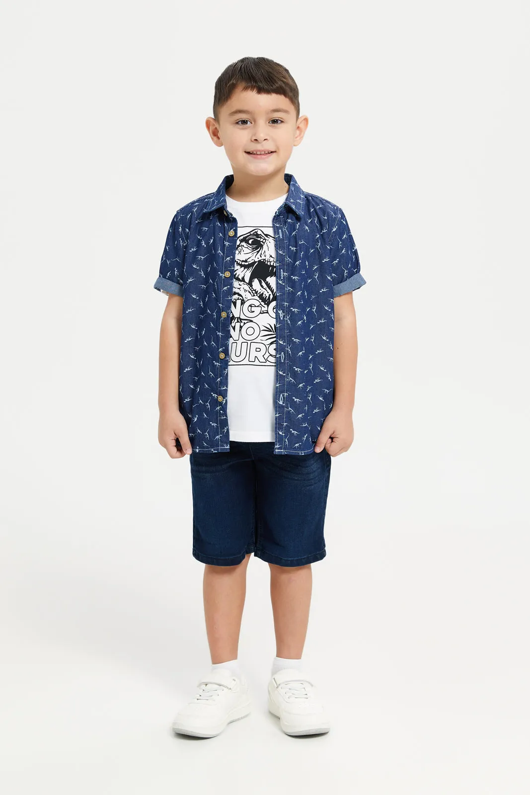 Boys Blue Printed Denim Shirt With T-Shirt Set (2 Piece)