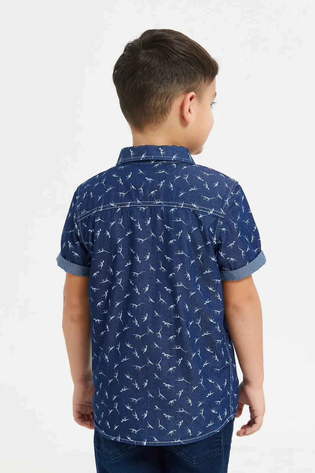 Boys Blue Printed Denim Shirt With T-Shirt Set (2 Piece)