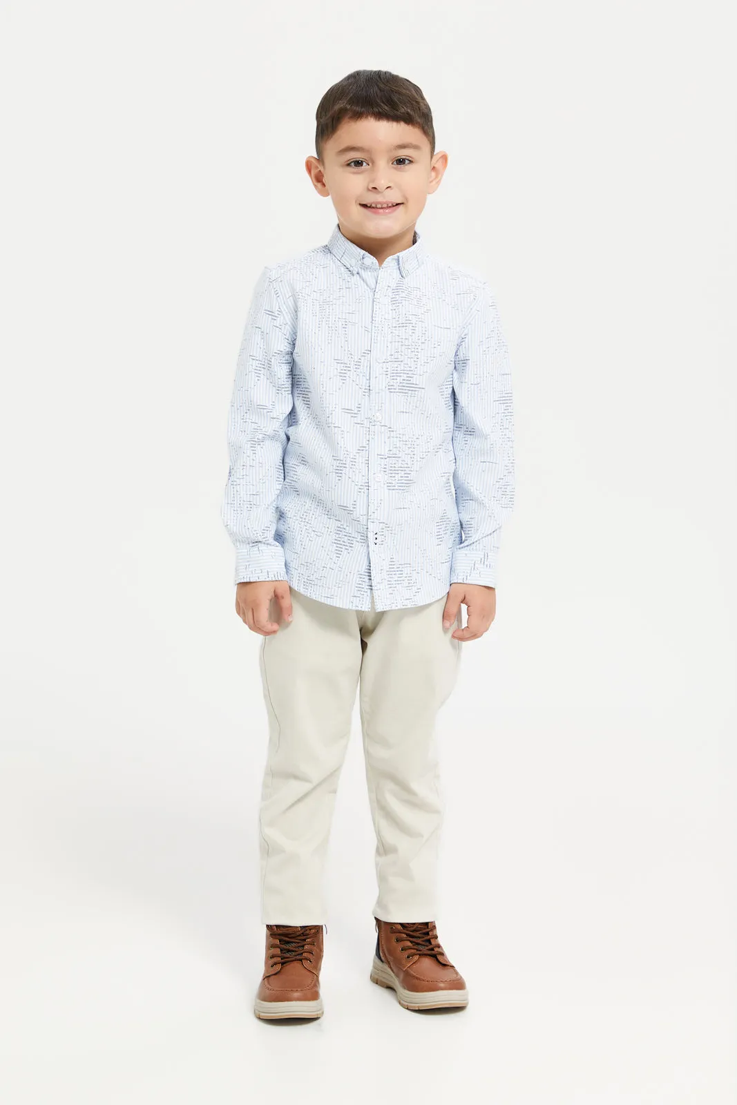 Boys Blue Printed Long Sleeve Oxford Shirt