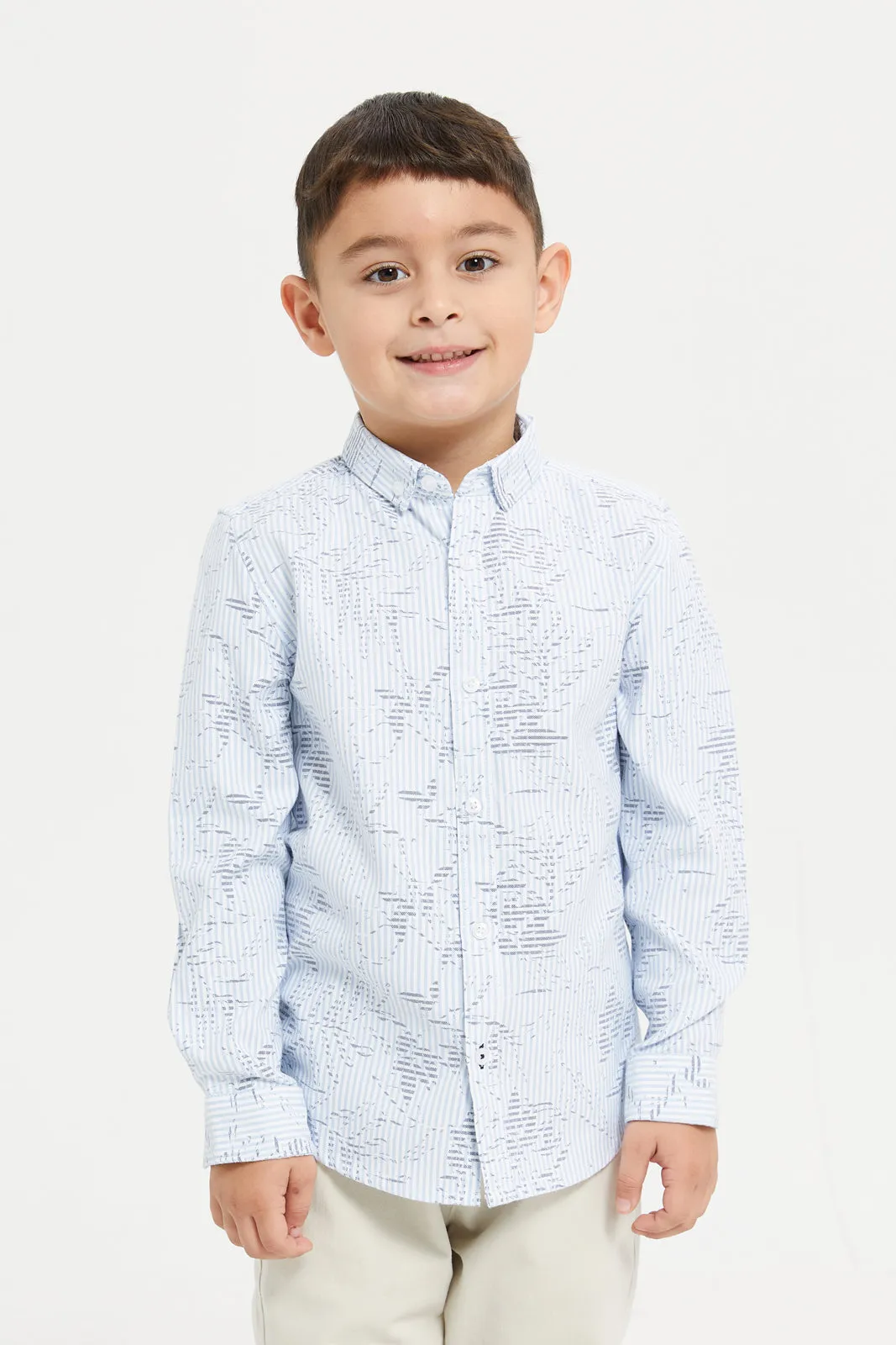 Boys Blue Printed Long Sleeve Oxford Shirt