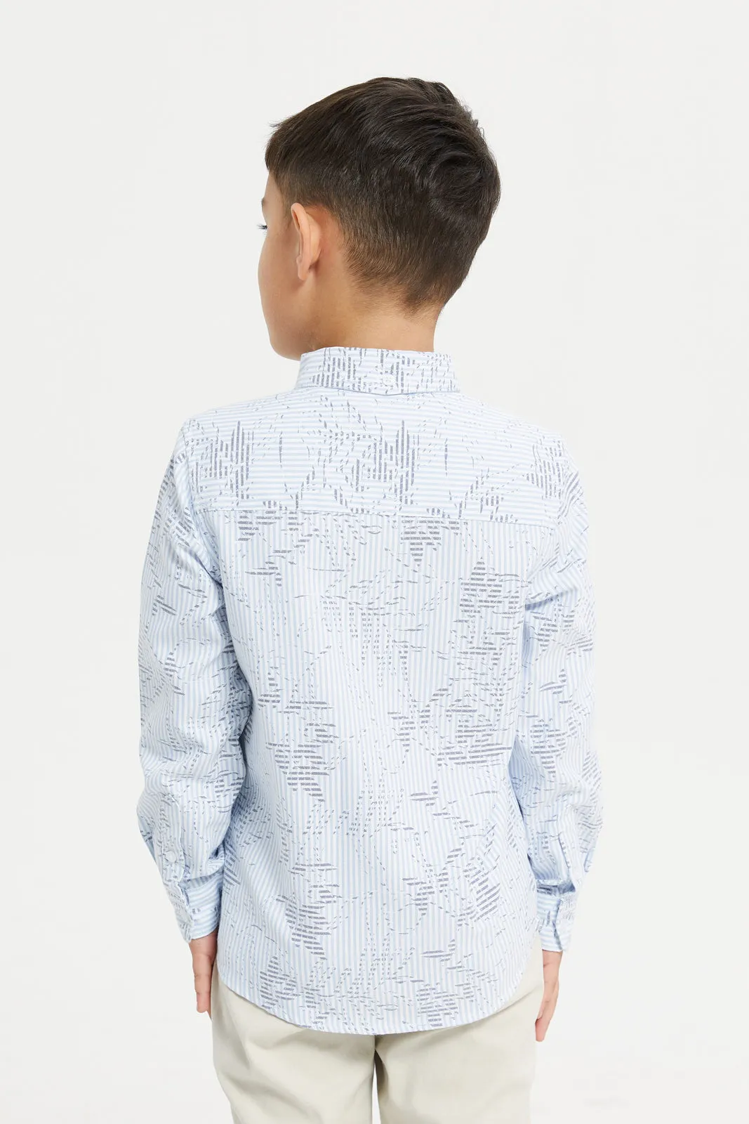 Boys Blue Printed Long Sleeve Oxford Shirt