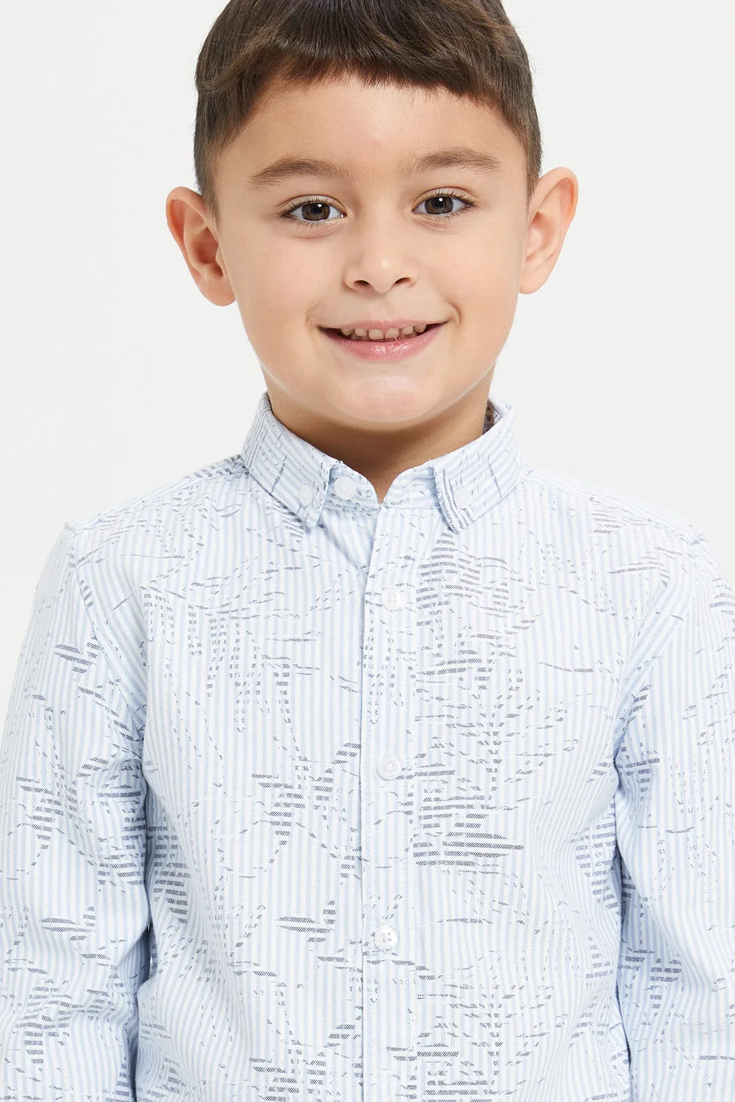 Boys Blue Printed Long Sleeve Oxford Shirt