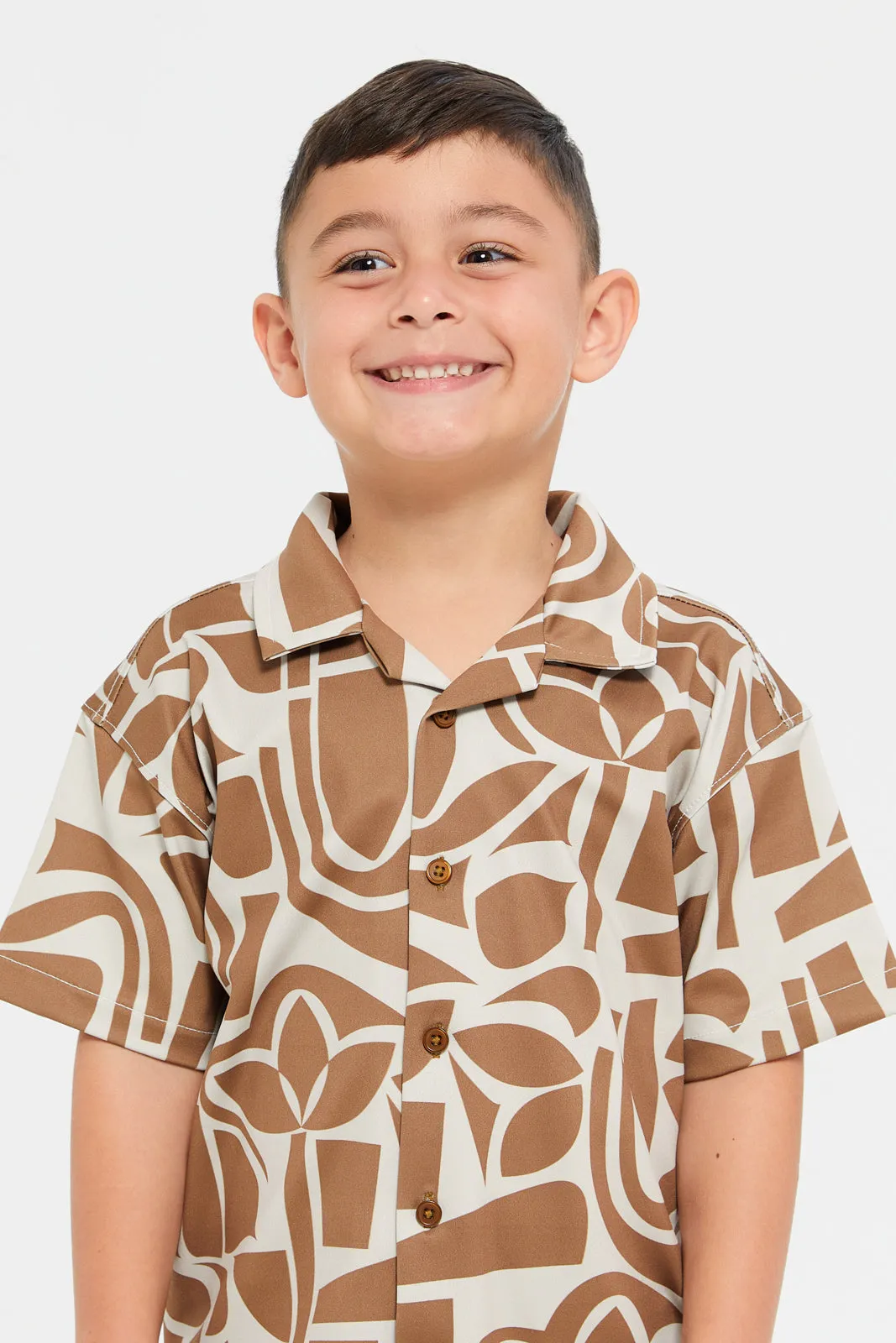 Boys Brown Short Sleeve  Printed Knit Shirt