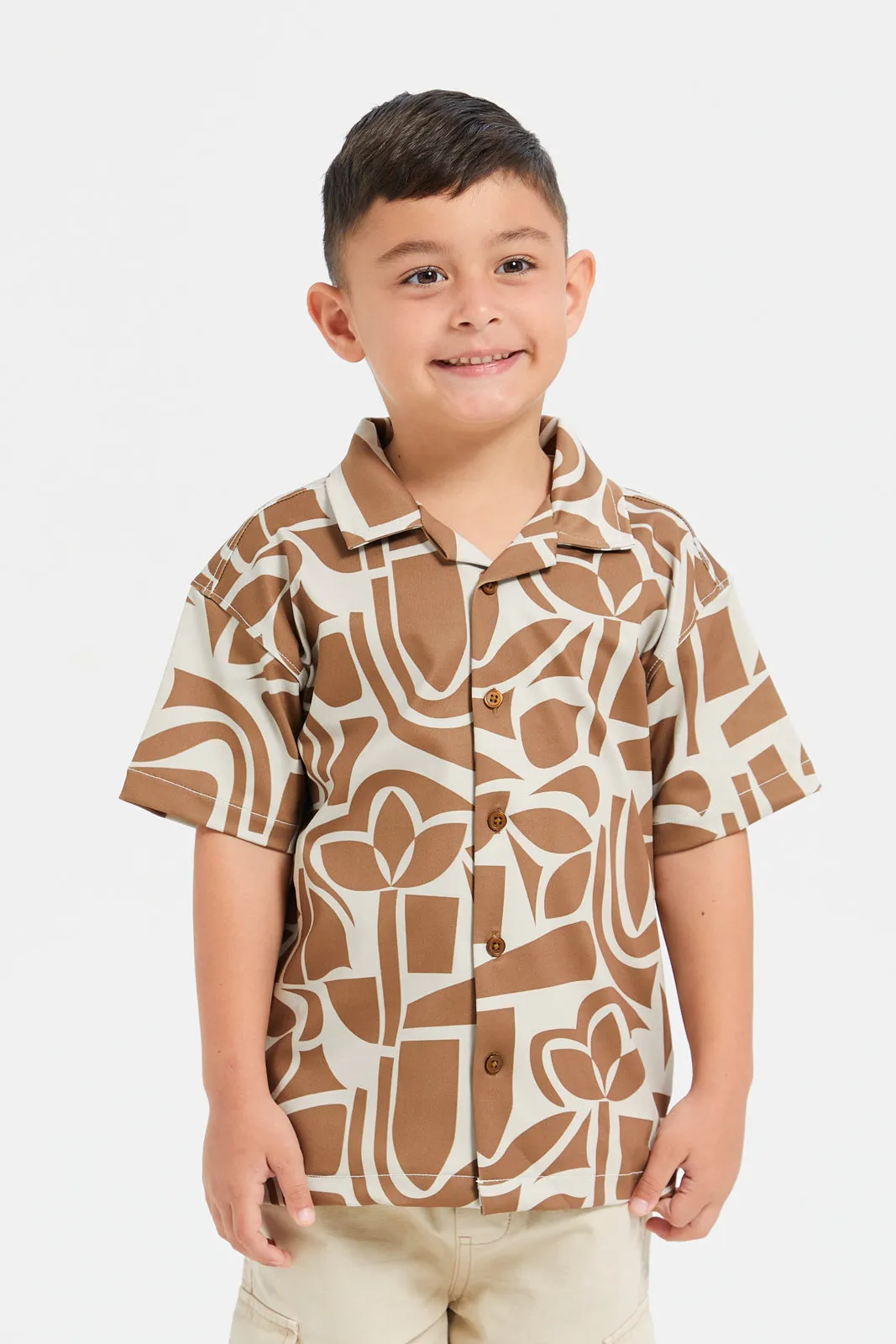 Boys Brown Short Sleeve  Printed Knit Shirt