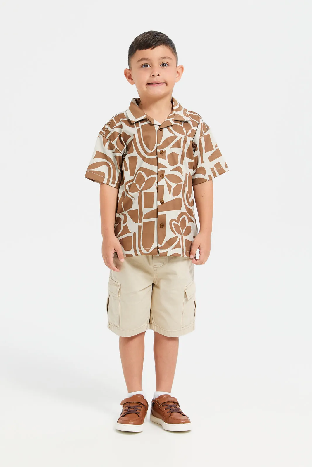 Boys Brown Short Sleeve  Printed Knit Shirt