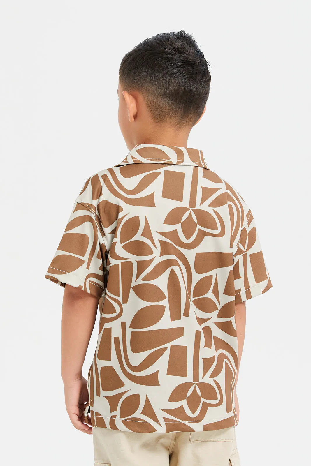 Boys Brown Short Sleeve  Printed Knit Shirt