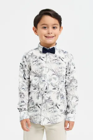 Boys White Floral Print Shirt With Bow Tie