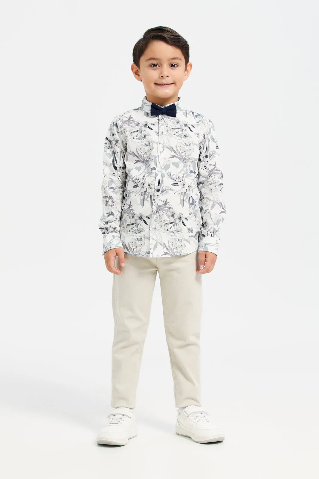 Boys White Floral Print Shirt With Bow Tie