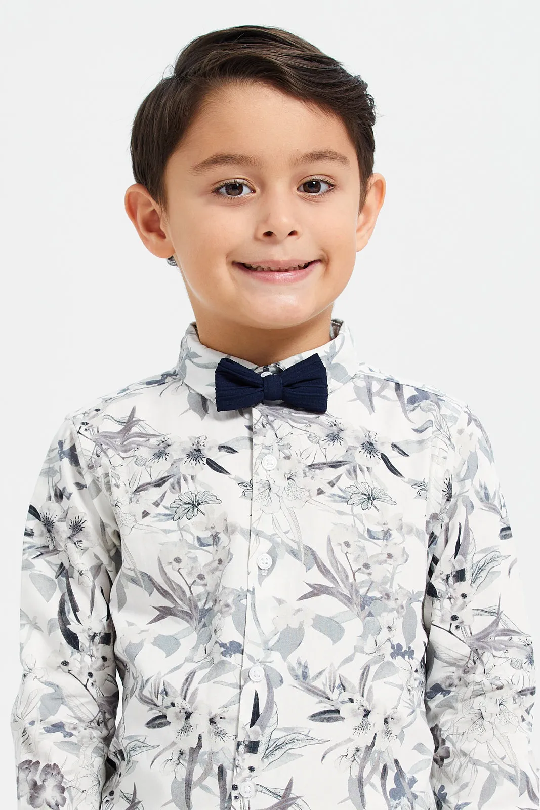 Boys White Floral Print Shirt With Bow Tie