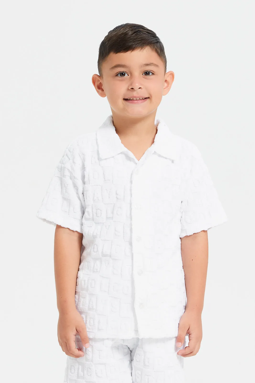 Boys White Short Sleeve Shirt With Shorts (2 Piece)