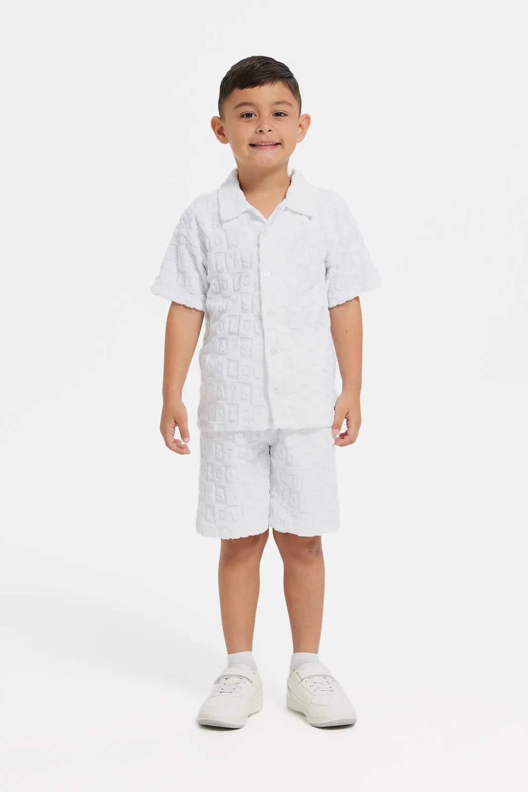 Boys White Short Sleeve Shirt With Shorts (2 Piece)