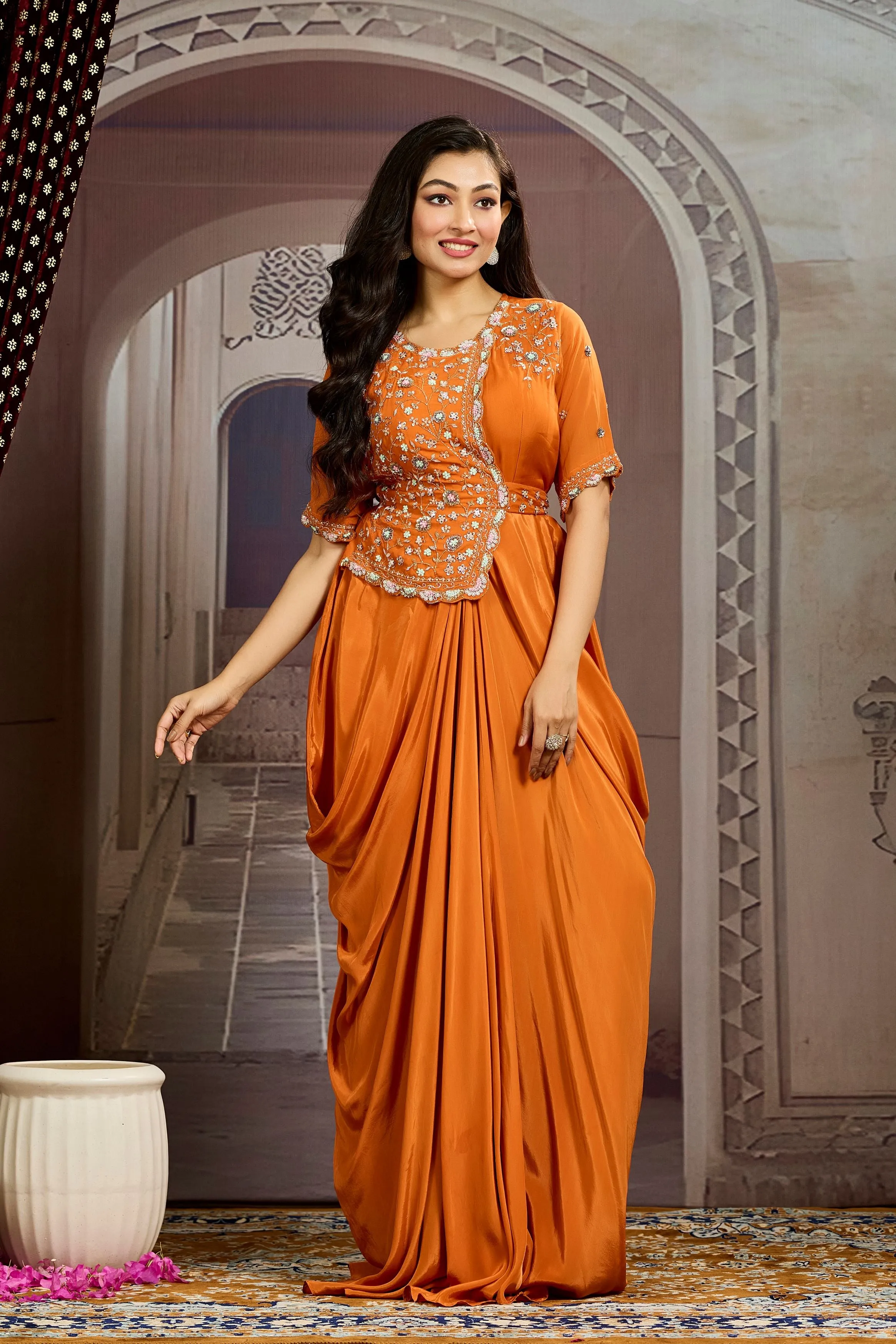 Bright Orange Embellished Chinon Silk Drape Gown