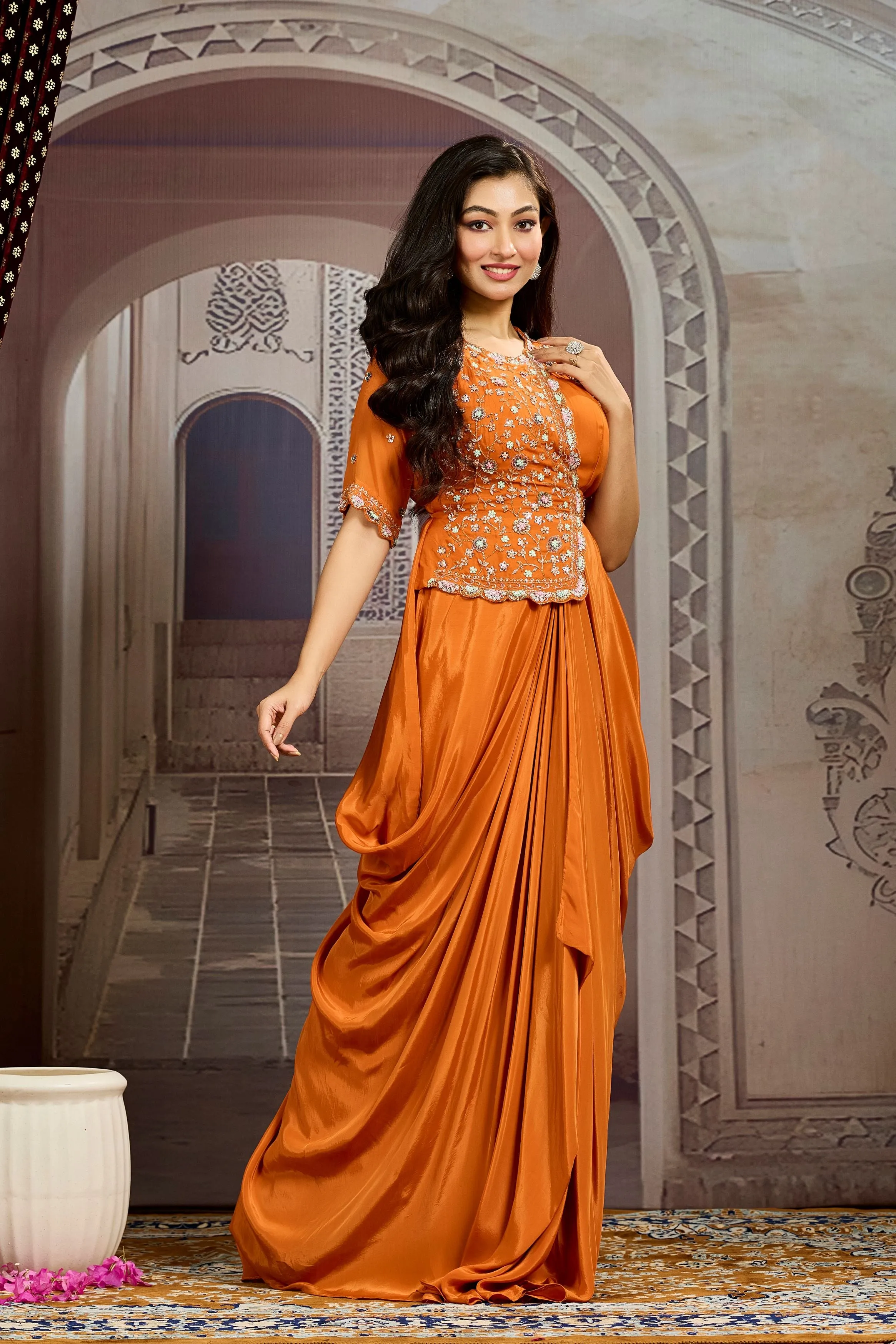 Bright Orange Embellished Chinon Silk Drape Gown