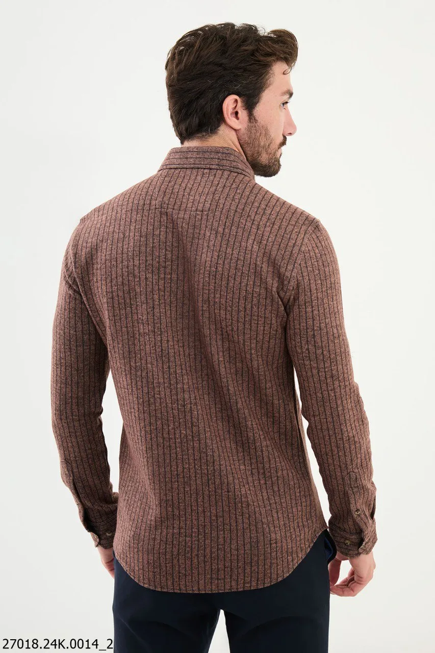 Brown Striped Textured Casual Shirt.