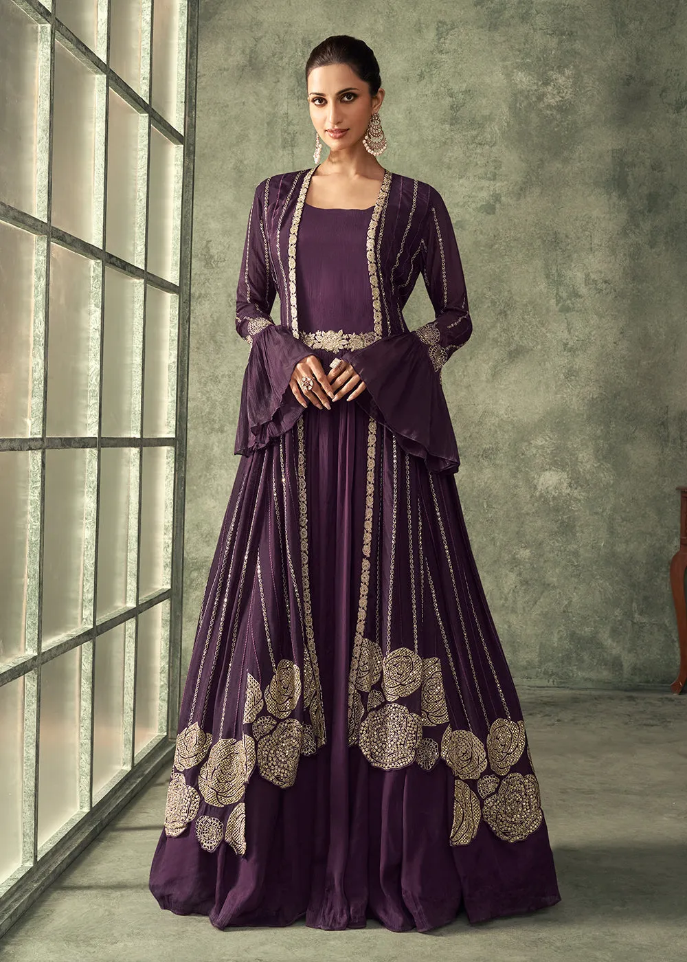 Burgundy Wine Chinnon Embroidered Designer Gown with Shrug