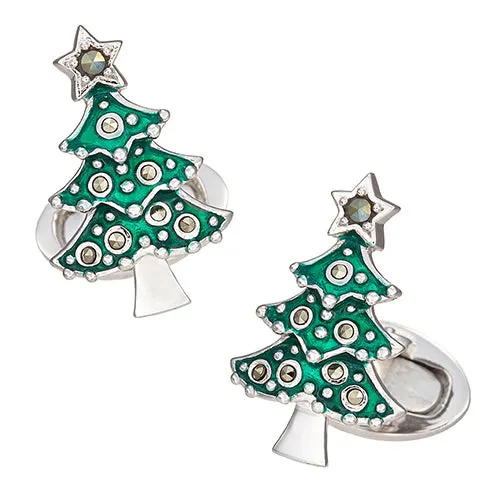 Christmas Tree with Marcasite Inlay Enamel And Sterling Silver Cufflinks I Jan Leslie