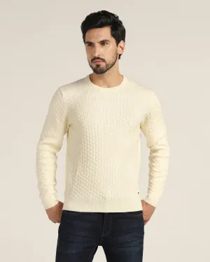 Crew Neck Off White Textured Sweater - Jiggle