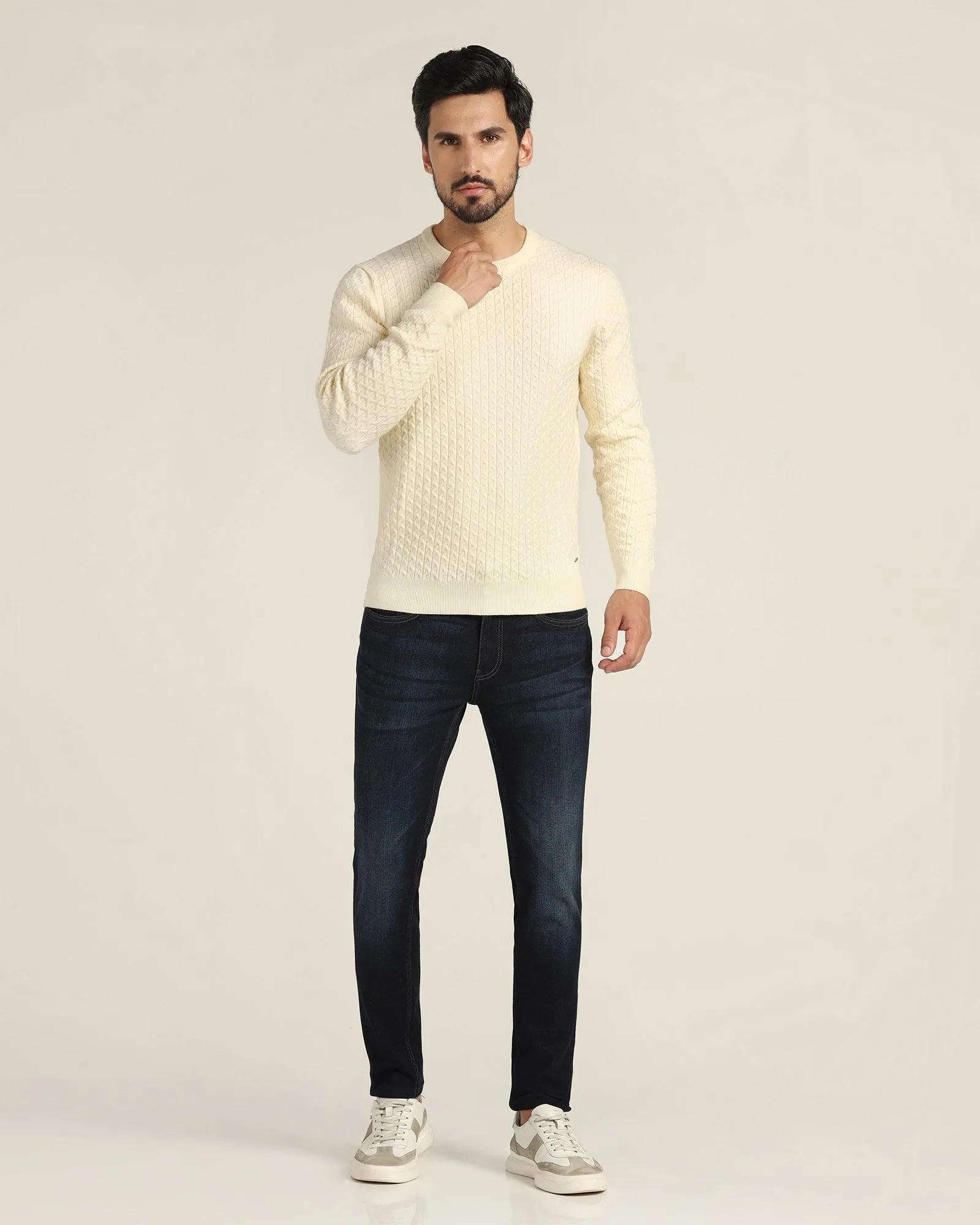 Crew Neck Off White Textured Sweater - Jiggle