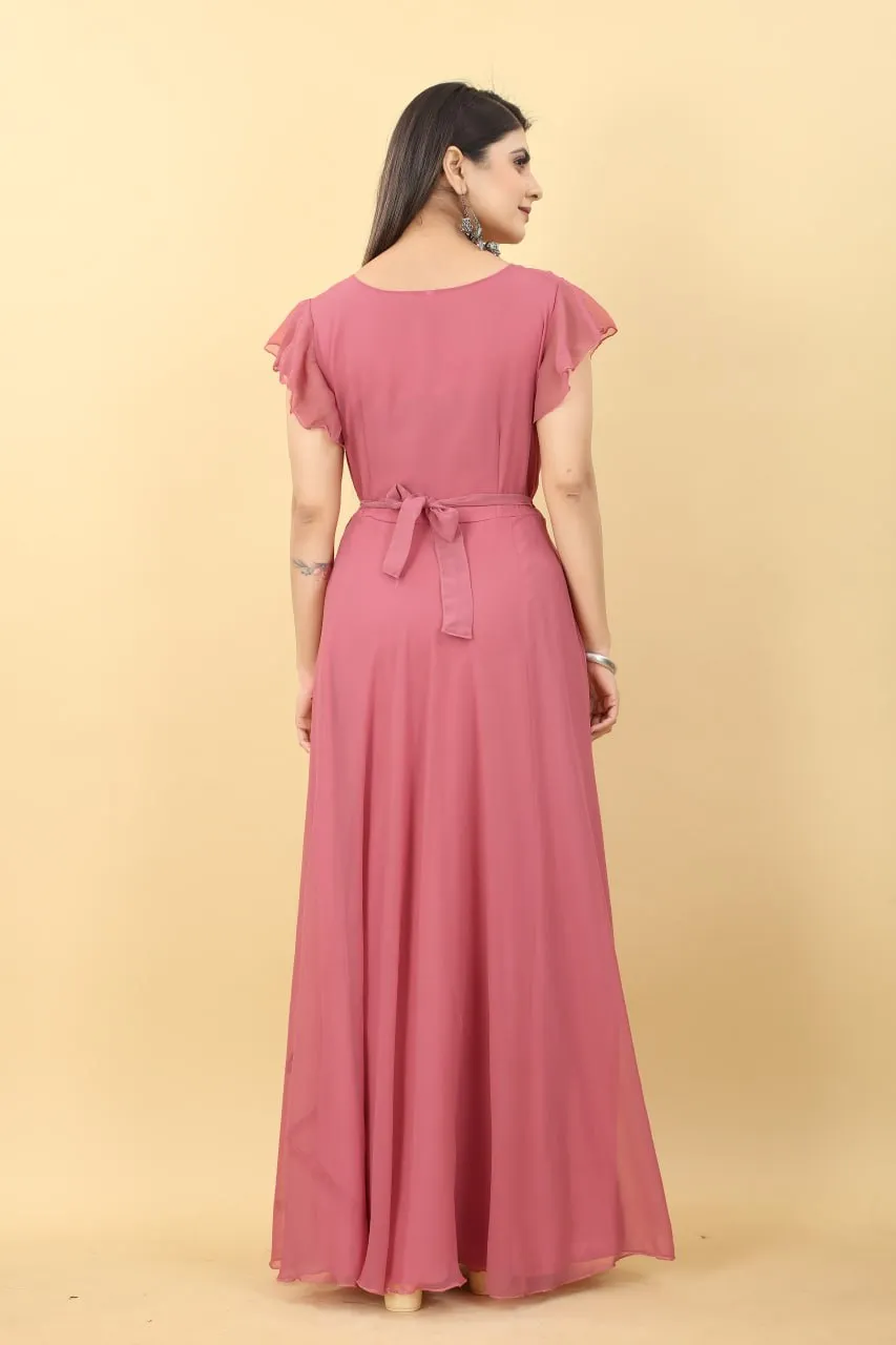 Designer Umbrella Sleeve Peach Color Georgette Gown