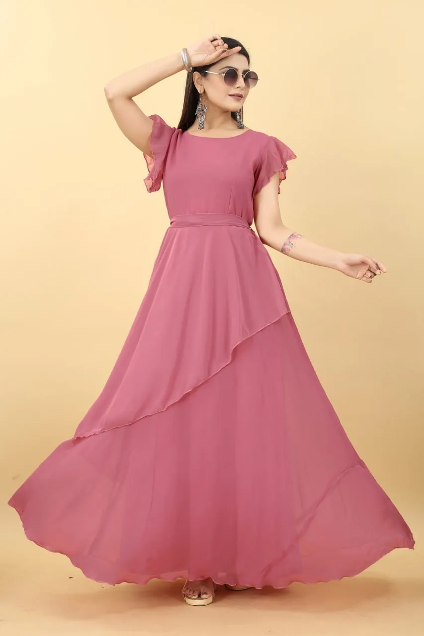 Designer Umbrella Sleeve Peach Color Georgette Gown