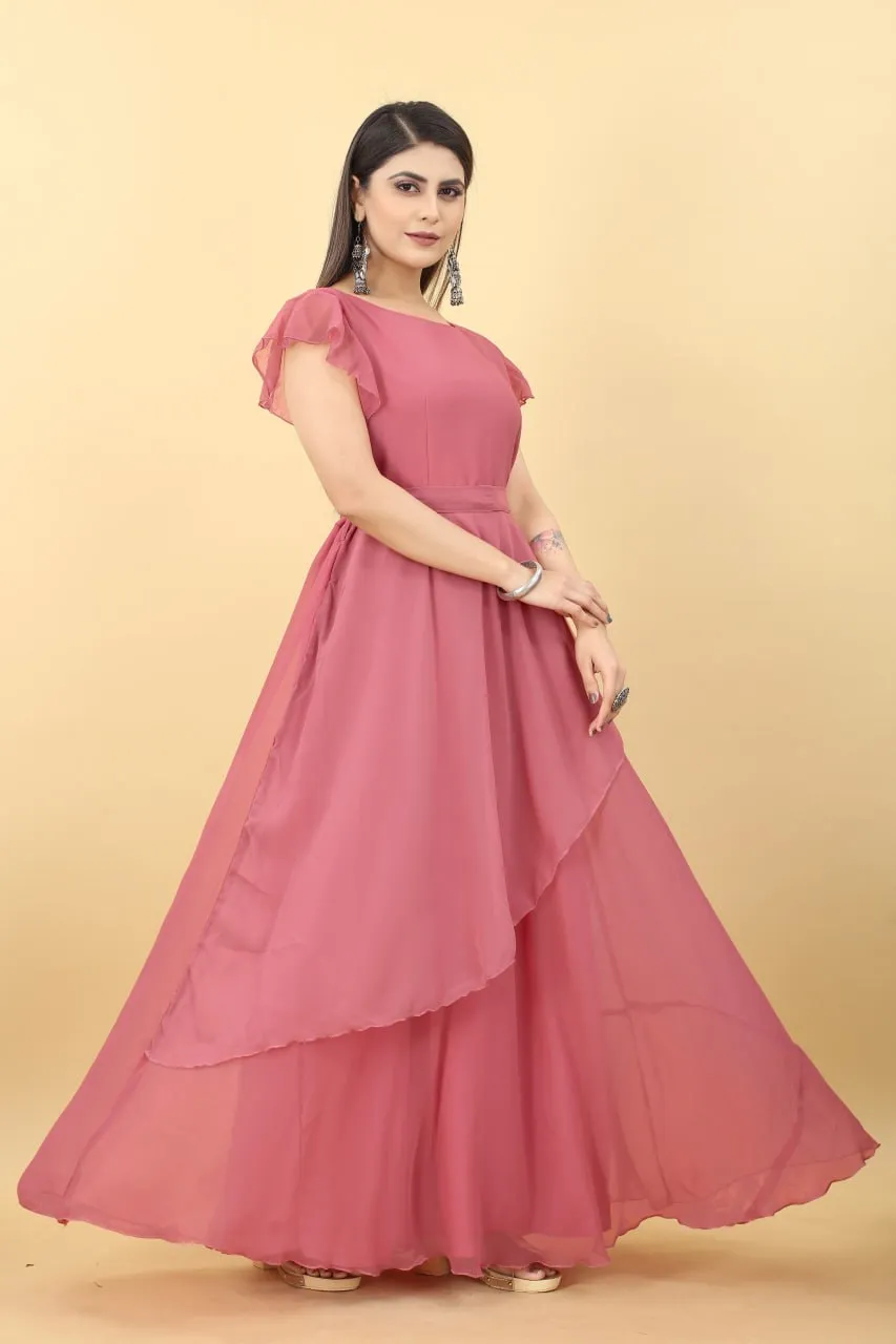 Designer Umbrella Sleeve Peach Color Georgette Gown